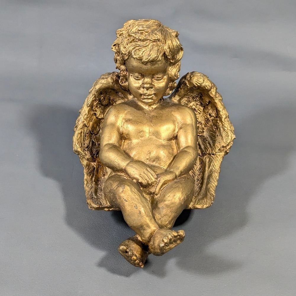Vintage Gold Cherub Angel Figurine Seated Shelf Sitter Decor Metallic Finish